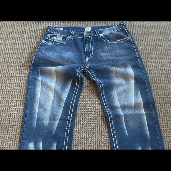True Religion Ricky Super T Men’s Jeans Blue Patch Thick Stitch Size 38x34 - Picture 3 of 14